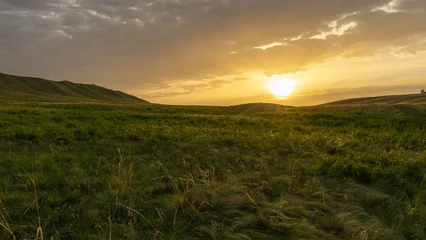 Selbstklebende Fototapeten Cappuccino Expansive green landscape under a dramatic sky, with rolling hills illuminated by a warm sunset, creating a serene and tranquil atmosphere in nature's beauty  © Denis Tuev