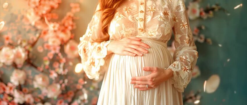 An expecting mother gently cradles her baby bump while surrounded by blooming flowers, representing love, anticipation, and the beauty of new beginnings in life.