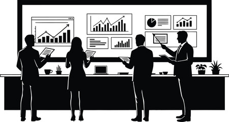 Business team analysis of financial data charts and graphs on a large screen in a modern office setting