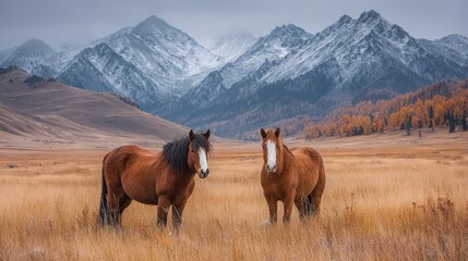 Fototapeta premium Majestic horses grazing in autumn meadow with snow-capped mountains in the background during early morning