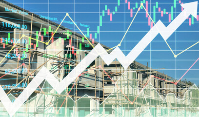 Stock financial index with graph, chart and candlestick with big arrow up symbol on real estate...