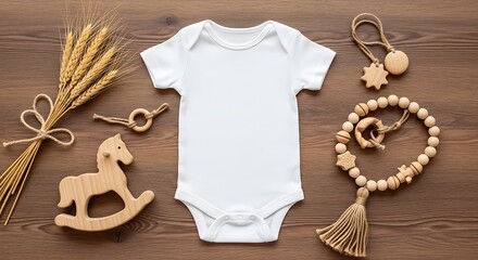 Blank white baby onesie mockup with wooden toys and wheat on a rustic wooden background