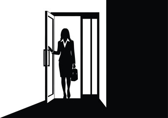 Silhouette of businesswoman entering doorway with briefcase in black and white minimalist design style