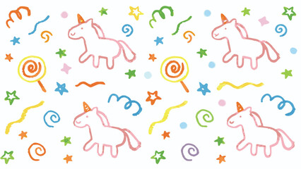 Illustration of unicorns, stars, lollipops, and confetti scattered on a white background pattern design