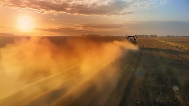 A bright orange tractor plows through a golden field during sunrise, symbolizing agricultural productivity and the beauty of rural landscapes bathed in morning light.