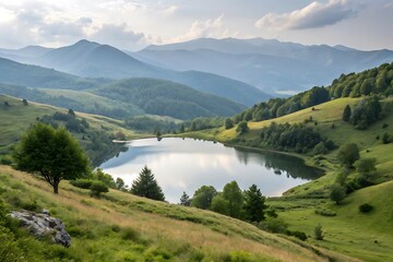 Fototapeta premium Serene mountain lake nestled in rolling green hills under a cloudy sky