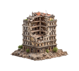 Destruction of abandoned building urban area model post-apocalyptic scene aerial view isolated on transparent background, png