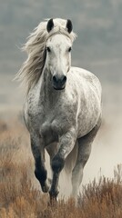 Majestic white horse galloping through the dusty plains under a hazy sky during golden hour