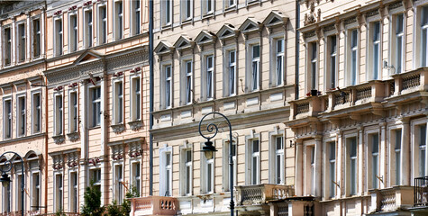 historic neoclassical bright facades on residential buildings in downtown karlovy vary