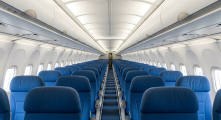 Empty Airplane Cabin with Blue Seats and Overhead Compartments.