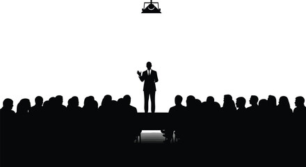 Silhouette of a speaker on stage addressing an audience under a spotlight in a monochrome illustration