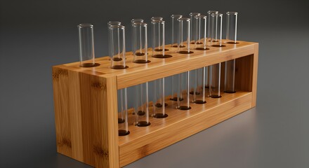 Tan wooden rack holds clear test tubes against gray. Use it for scientific illustration, healthcare banners, or laboratory product photography.
