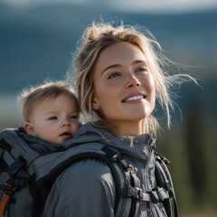 Athletic Mom and Baby Enjoying Alpine Hike with Mountain Air Aesthetic in a Square Composition.