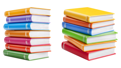 Stack of colorful hardcover books isolated on transparent background.