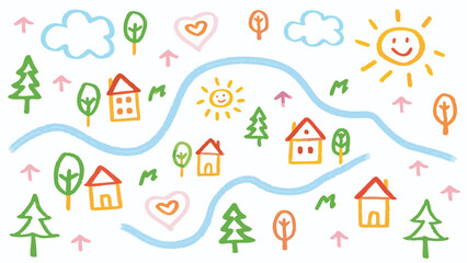 Childlike drawing of a landscape with houses trees sun clouds and hearts in a whimsical style art