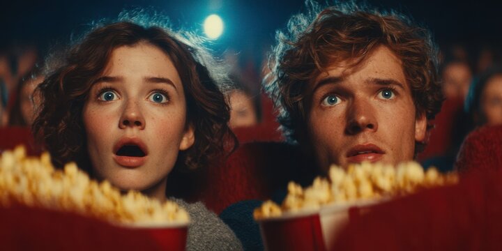 Excitement and anticipation in a movie theater full of young moviegoers enjoying a thrilling film experience - Powered by Adobe