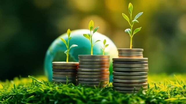 Stacks of coins with young green plants growing on top, arranged in ascending order, beside a globe covered in green grass texture, concept of environmental sustainability and financial growth