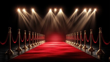A luxurious red carpet leads up steps, flanked by velvet ropes and illuminated by bright spotlights in a dramatic, glamorous setting