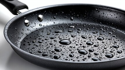 Macro view of a clean nonstick pan showcasing water droplets and smooth surface