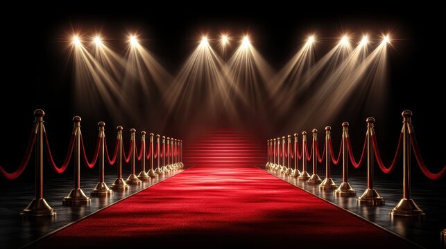 A luxurious red carpet leads up steps, flanked by velvet ropes and illuminated by bright spotlights in a dramatic, glamorous setting - Powered by Adobe