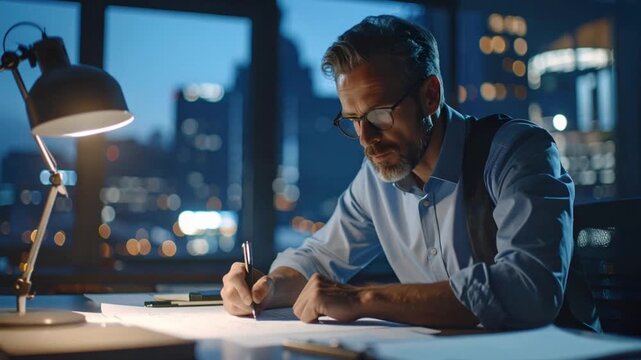 Focused adult male professional working late