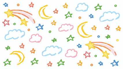 Illustration of a night sky with moons clouds and stars in a colorful and whimsical style design theme