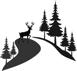 Naklejka premium Deer standing on a hill with pine trees and a winding path silhouette isolated on white background