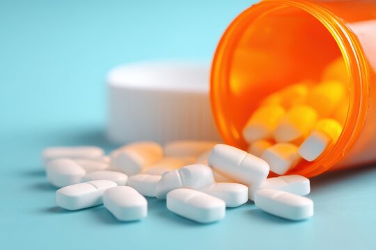 White tablets spill out of an orange prescription bottle onto a blue surface, suggesting medication or pharmaceutical use