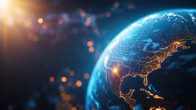 Orange particles form the shape of north america glowing on a rotating digital planet earth, with flare a lens effect