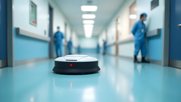 Medical technology A cleaning robot automatically disinfects hospital floors, avoiding obstacles using smart sensors and sending cleaning reports to facility(2)