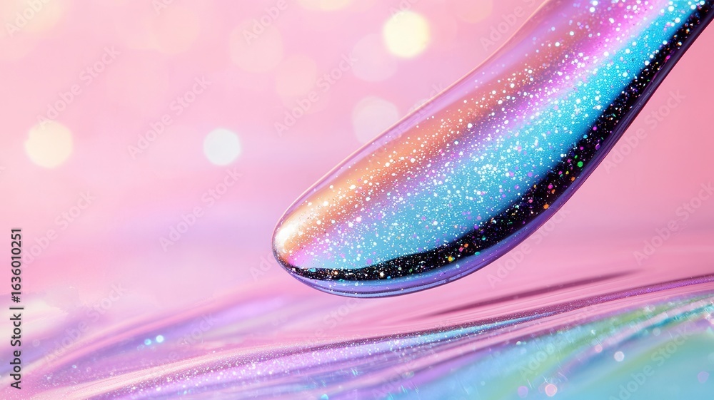 Poster glittering wave flowing across sparkling pink and blue backdrop, generating dynamic visual movement 