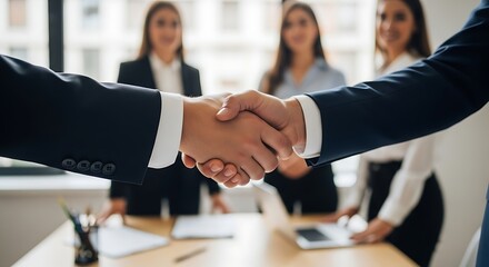 Close-up Handshake: Business Deal, Professional Partnership, Corporate Success, Modern Office Setting.