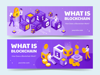 Modern Isometric Design of Cryptocurrency Network Horizontal Banner Collection