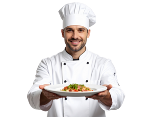 Proud Male Cook Presenting a Gourmet Dish Forward with Arms Extended, Head Slightly Tilted, Isolated on Transparent Background PNG