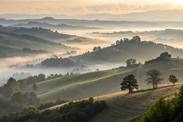 Rolling hills covered in mist and fog at sunrise with golden light illuminating the landscape