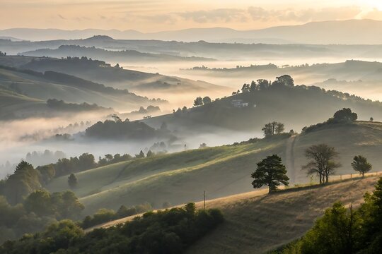 Rolling hills covered in mist and fog at sunrise with golden light illuminating the landscape