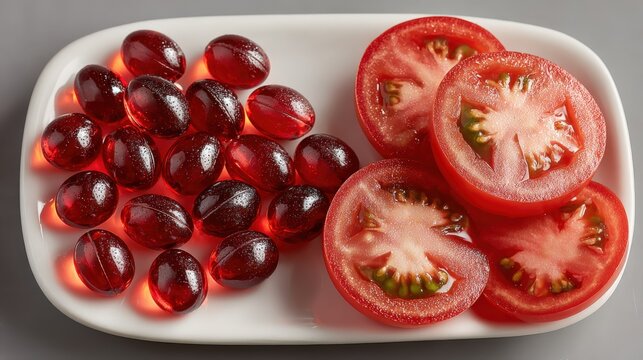 Two glossy plates display vibrant softgels and fresh heirloom tomatoes on white surface
