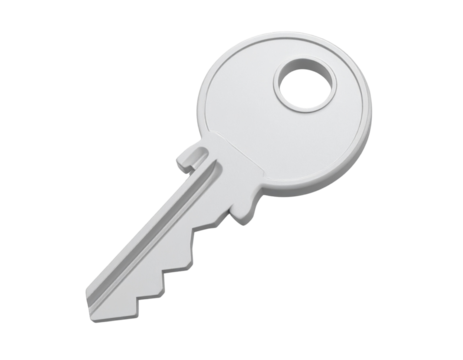 Minimalist White 3D Key with Circular Head, Front View, isolated on transparent background