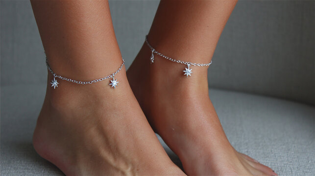 Adorned ankles gleam with delicate star-charm anklets, capturing a sense of carefree elegance and stylish simplicity. Perfect for summer vibes!