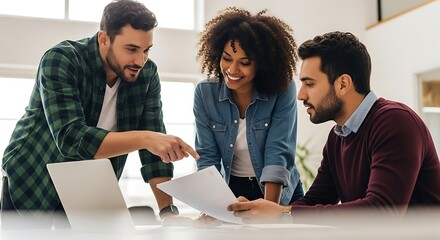 Diverse Team Collaboration: Reviewing Documents, Modern Office, Positive Mood