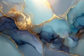 Abstract blue and gold fluid art with flowing patterns and shimmering textures, creating an elegant and modern visual effect