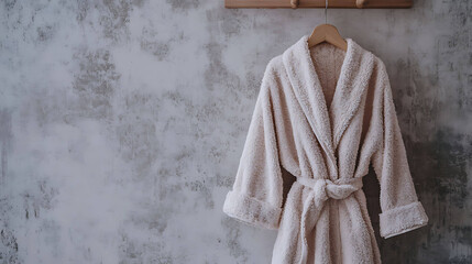 A fluffy bathrobe hanging on a minimalist wooden hook in a spa-like setting