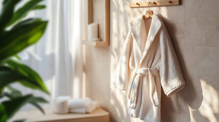 A fluffy bathrobe hanging on a minimalist wooden hook in a spa-like setting
