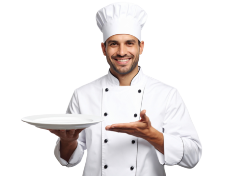 Joyful Chef Man Gesturing to Plate with One Hand While Holding It in the Other, Tilted Pose, Isolated on Transparent Background PNG