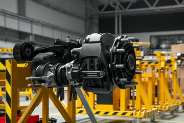 Heavy-Duty Trailer Axle on Assembly Stand in Industrial Workshop