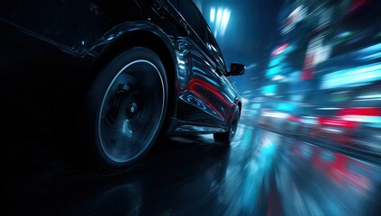 Fast Black Car Driving Through Rainy City Night