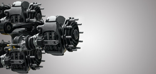 Heavy-Duty Trailer Axles and Brake System Isolated on Gray Background