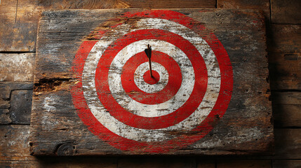 Wooden target board with an arrow in the center. Achievement and focus concept. Aiming for success, goal accomplishment.