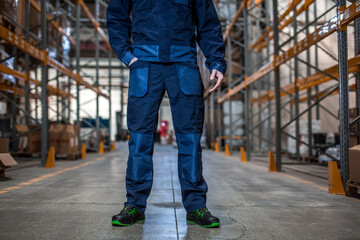 Warehouse Worker in Protective Workwear Standing in Industrial Aisle