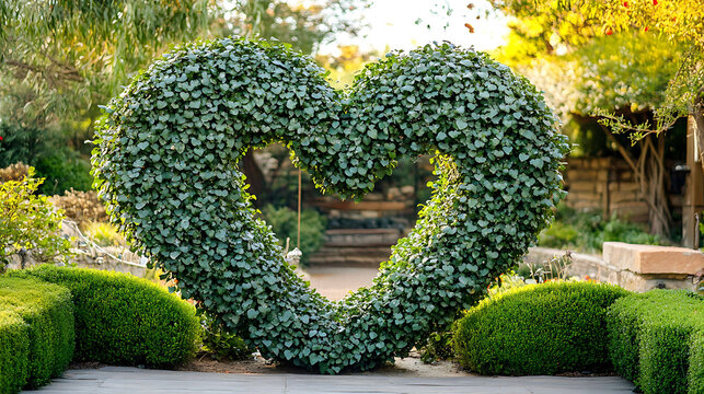 A heart-shaped topiary in a charming garden setting